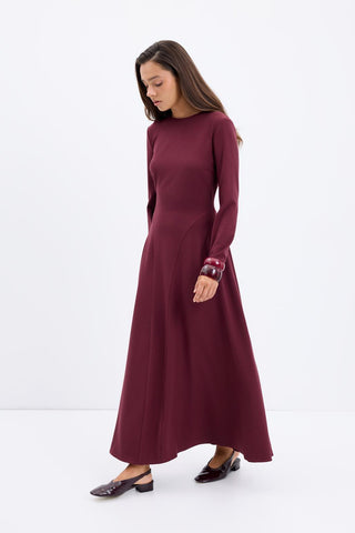 Crew Neck Panel Long Maxi Dress Burgundy