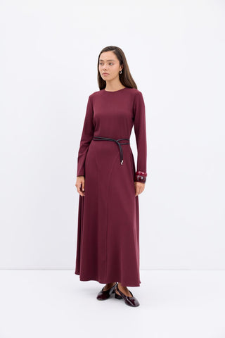 Crew Neck Panel Long Maxi Dress Burgundy