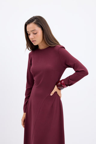 Crew Neck Panel Long Maxi Dress Burgundy