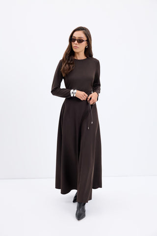 Crew Neck Panel Long Maxi Dress Brown
