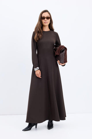 Crew Neck Panel Long Maxi Dress Brown