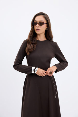 Crew Neck Panel Long Maxi Dress Brown