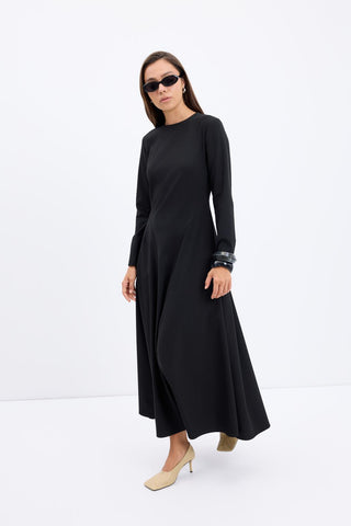 Crew Neck Panel Long Maxi Dress Black