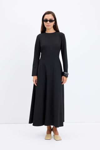 Crew Neck Panel Long Maxi Dress Black