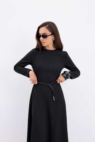 Crew Neck Panel Long Maxi Dress Black