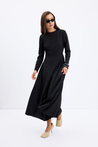 Crew Neck Panel Long Maxi Dress Black