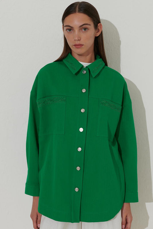 Bohemian Embroidery Linen Jacket Green