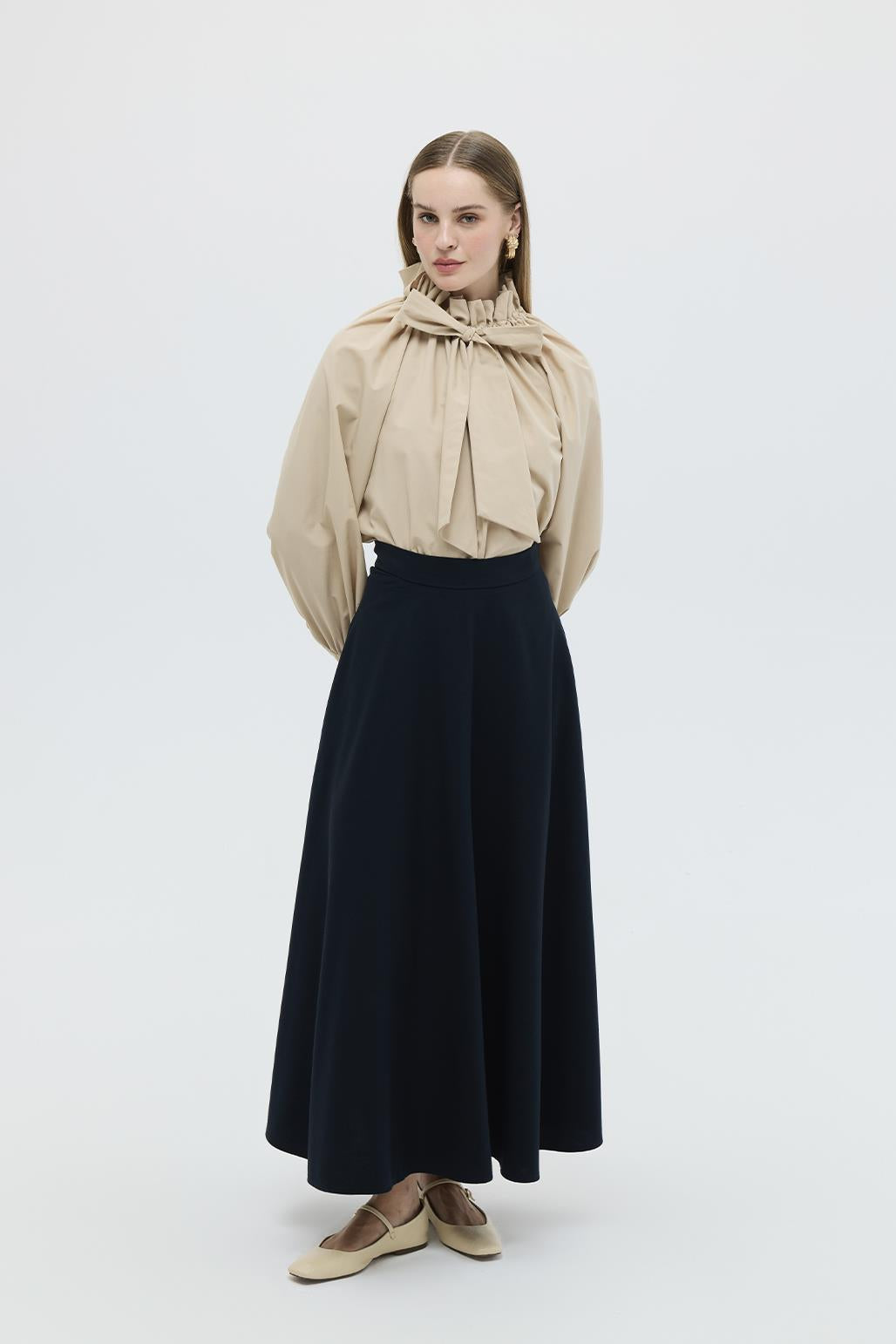 Bona Long Flared Skirt Navy Blue