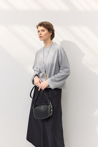 Braided Detail Leather Baguette Bag Black