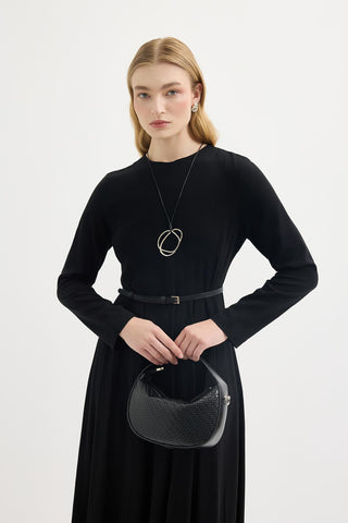 Braided Detail Leather Baguette Bag Black