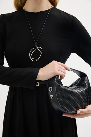 Braided Detail Leather Baguette Bag Black