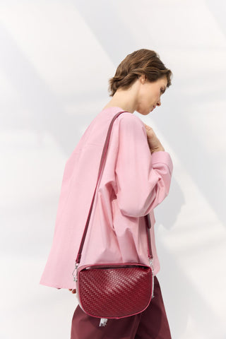 Braided Detail Leather Baguette Bag Burgundy