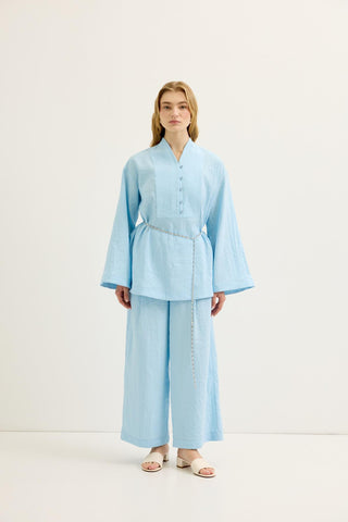 Belted Oversized Tunic Pants Set Light Blue