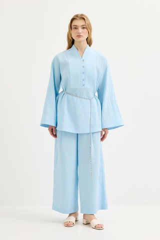 Belted Oversized Tunic Pants Set Light Blue