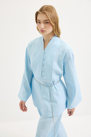 Belted Oversized Tunic Pants Set Light Blue