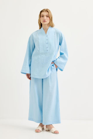 Belted Oversized Tunic Pants Set Light Blue