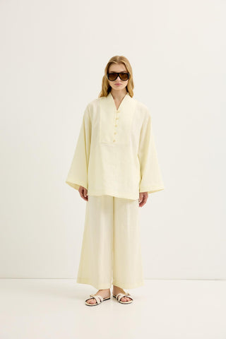 Button-Detail Oversized Tunic & Trousers Set Yellow