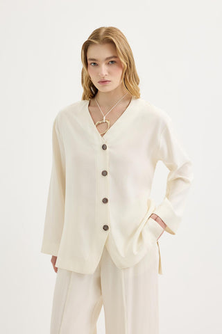 Buttoned Modal Tunic & Trousers Set Ecru