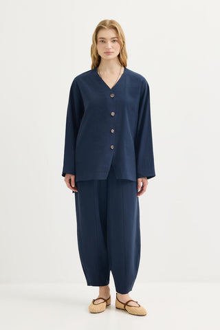 Buttoned Modal Tunic & Trousers Set Navy Blue