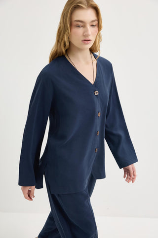 Buttoned Modal Tunic & Trousers Set Navy Blue