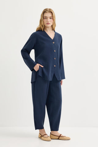 Buttoned Modal Tunic & Trousers Set Navy Blue