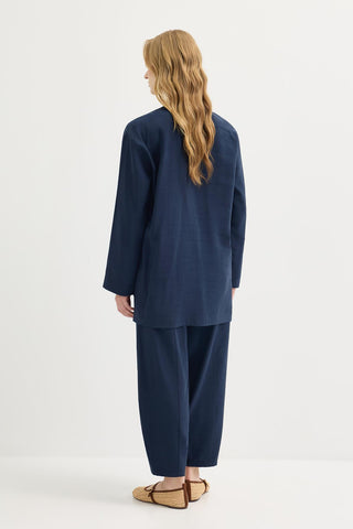 Buttoned Modal Tunic & Trousers Set Navy Blue