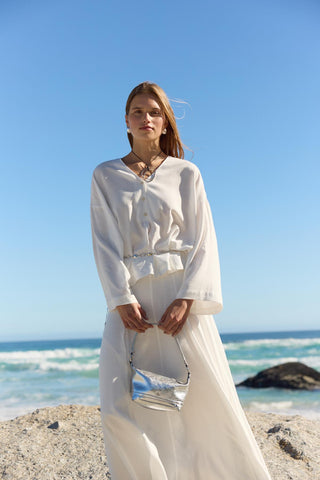 Buttoned V-Neck Linen Shirt Ecru