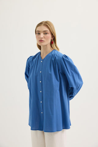 Gathered Detail Linen Shirt Indigo