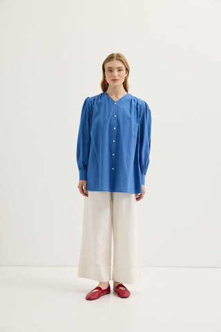 Gathered Detail Linen Shirt Indigo