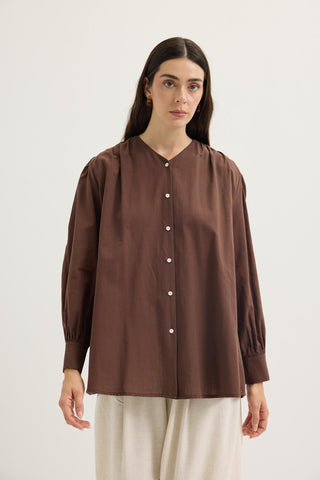 Gathered Detail Linen Shirt Brown