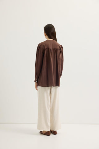 Gathered Detail Linen Shirt Brown
