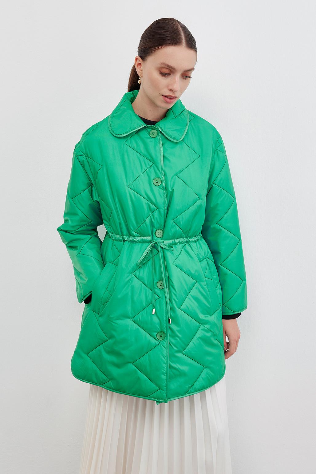 Shirred and Quilted Coat Green