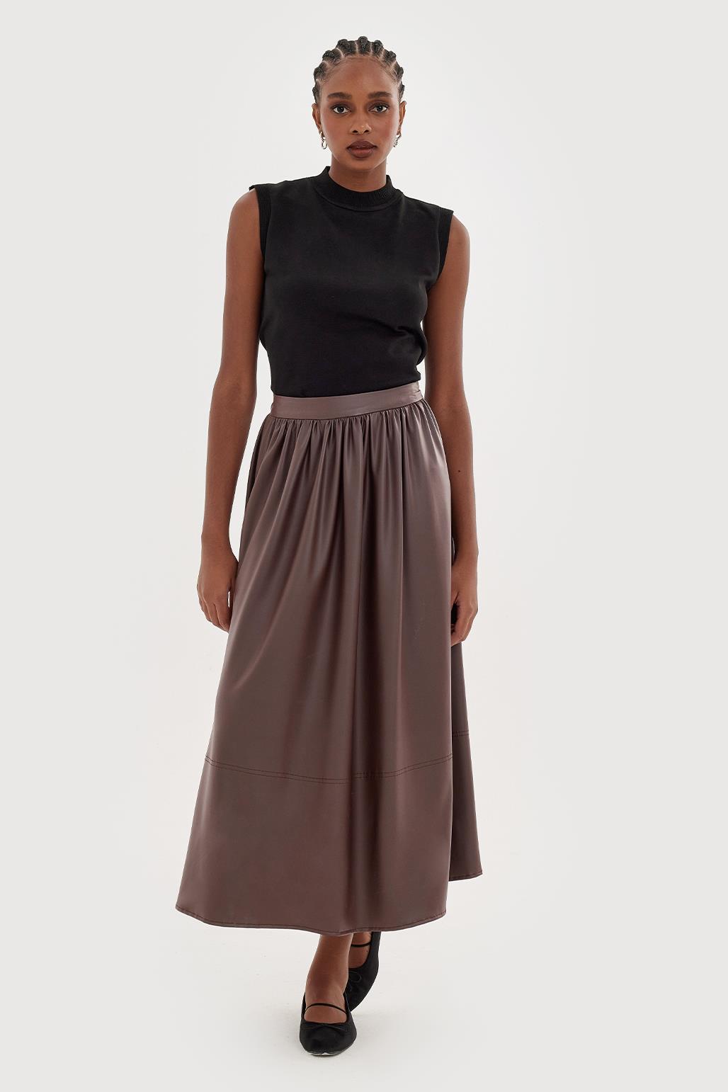 Shirred Soft Leather Skirt Brown
