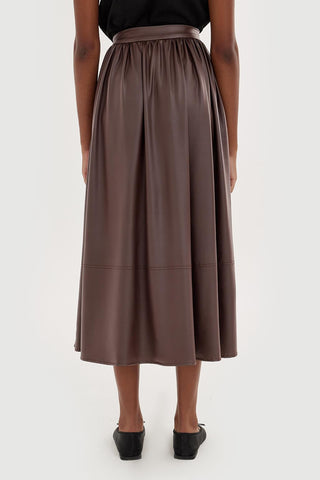 Shirred Soft Leather Skirt Brown