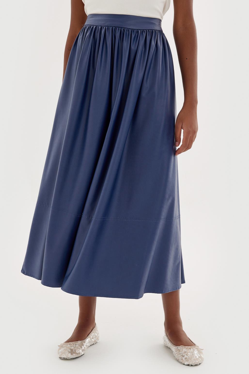 Shirred Soft Leather Skirt Navy Blue