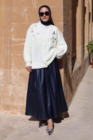 Shirred Soft Leather Skirt Navy Blue