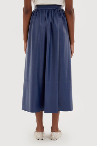 Shirred Soft Leather Skirt Navy Blue