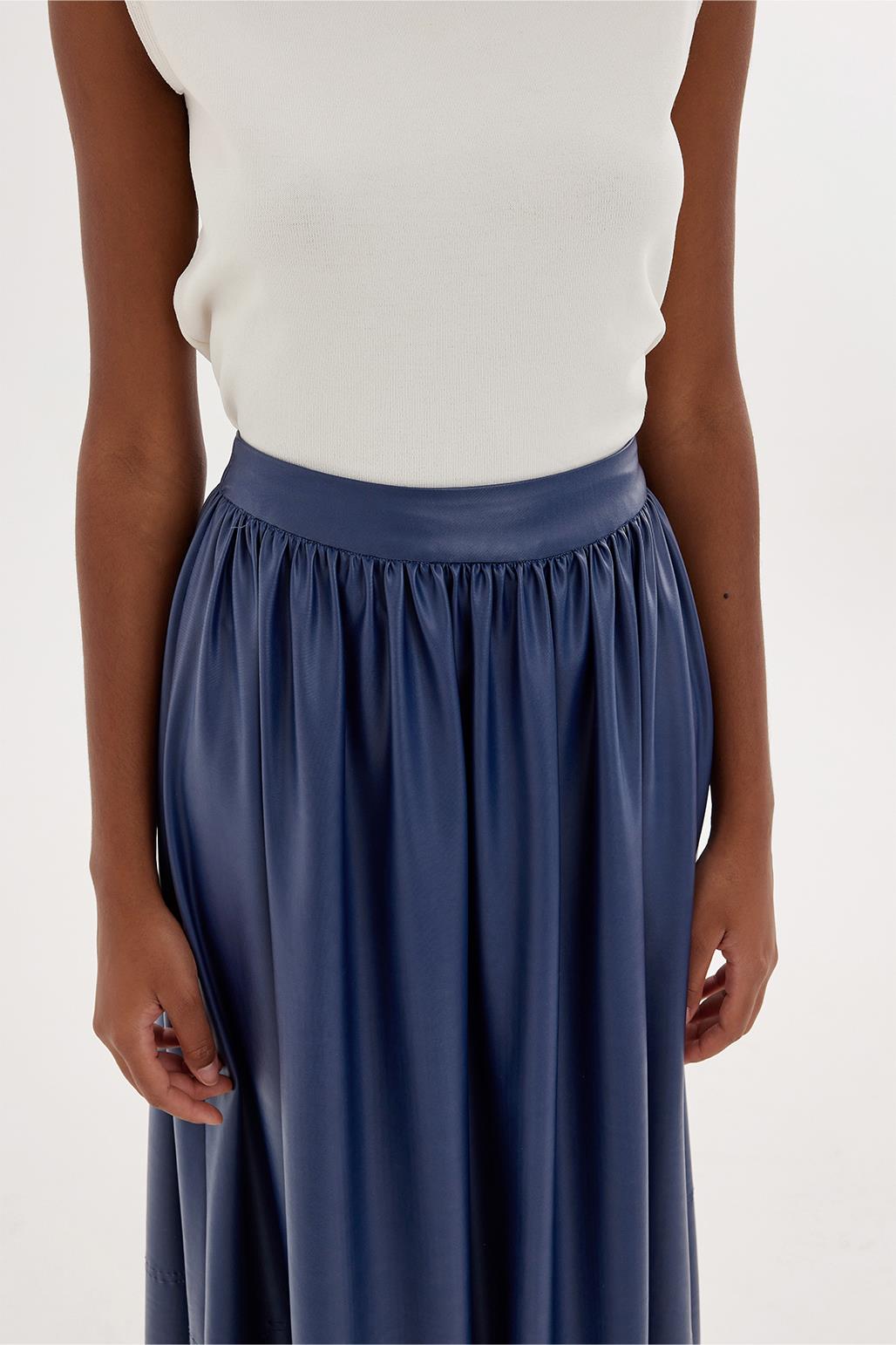 Shirred Soft Leather Skirt Navy Blue
