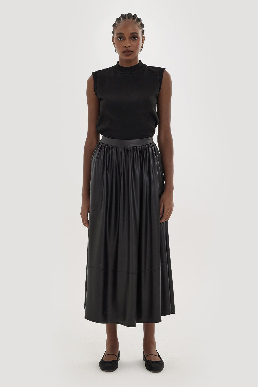 Shirred Soft Leather Skirt Black