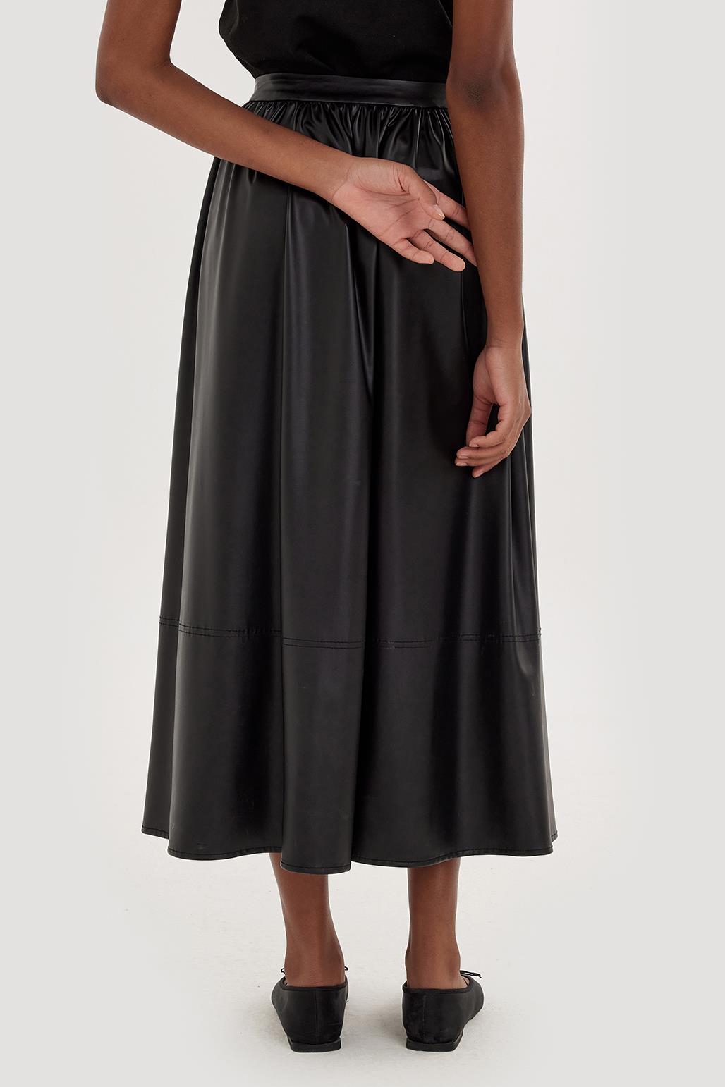Shirred Soft Leather Skirt Black