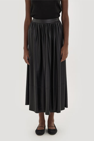 Shirred Soft Leather Skirt Black