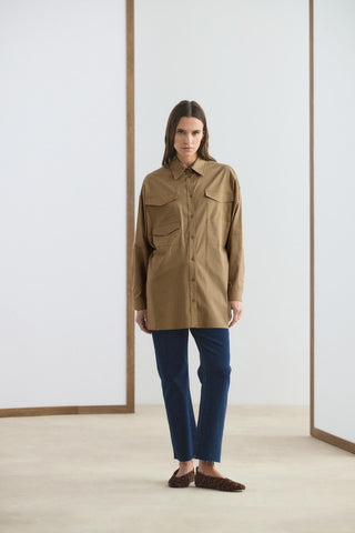 Oversized Belted Shirt with Pockets Camel