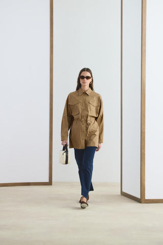 Oversized Belted Shirt with Pockets Camel