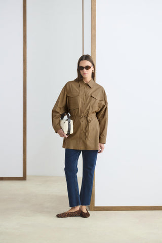 Oversized Belted Shirt with Pockets Camel