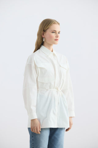 Oversized Belted Shirt with Pockets Ecru
