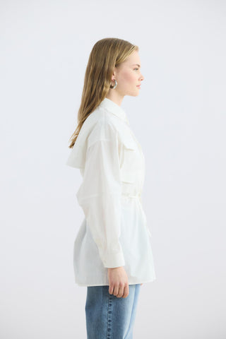 Oversized Belted Shirt with Pockets Ecru