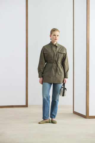 Oversized Belted Shirt with Pockets Khaki