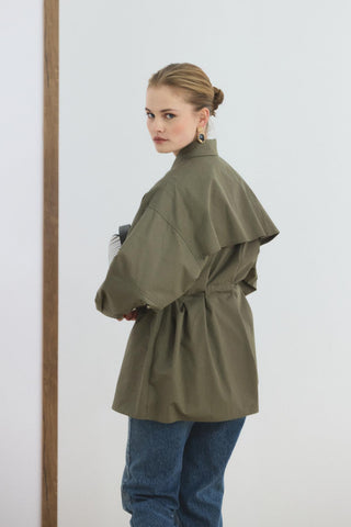 Oversized Belted Shirt with Pockets Khaki