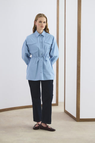 Oversized Belted Shirt with Pockets Blue