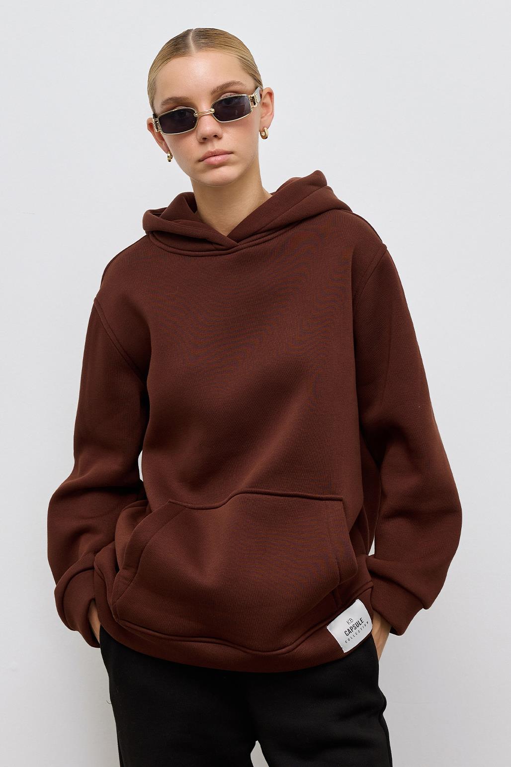 Fleece Hooded Sweatshirt With Pocket Brown